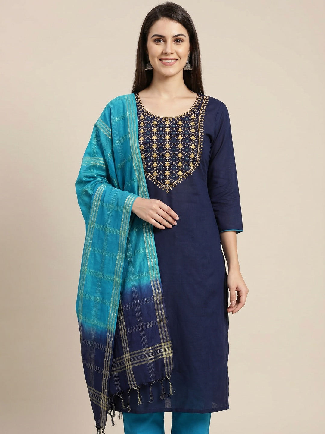 Blue Embroidered With Embellished Cotton Blend Dress Material - Image 1