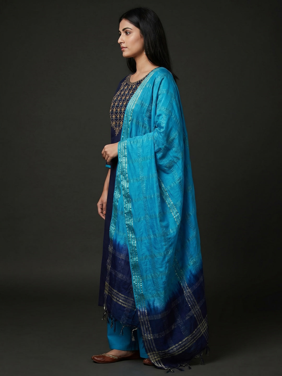 Blue Embroidered With Embellished Cotton Blend Dress Material - Image 3