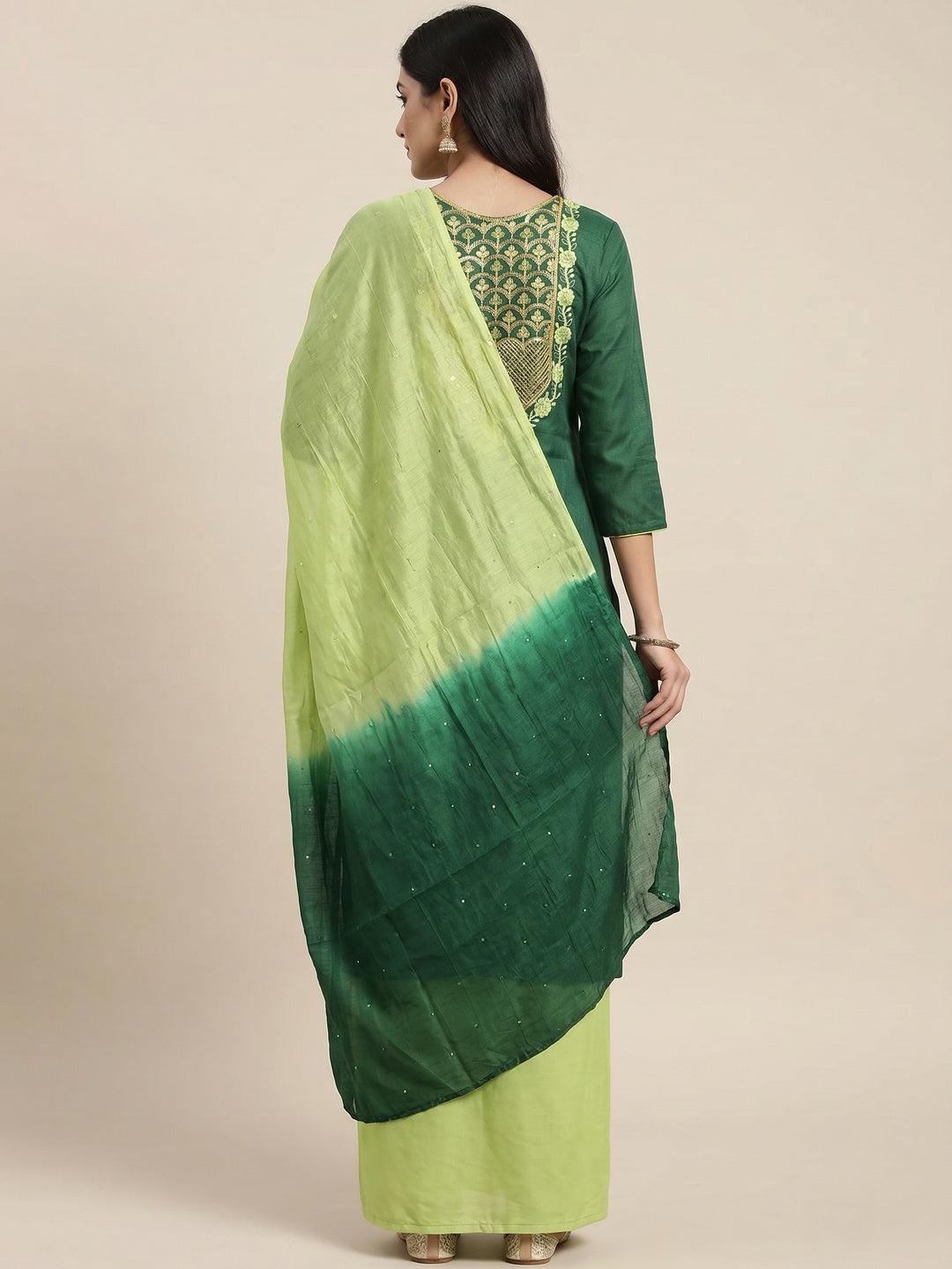 Green Embroidered With Embellished Cotton Blend Dress Material - Image 2