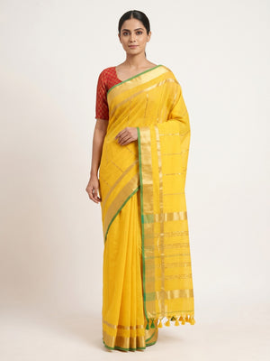 Yellow Festive Wear Stripes With Sequins Woven Work Cotton Saree - Image 1