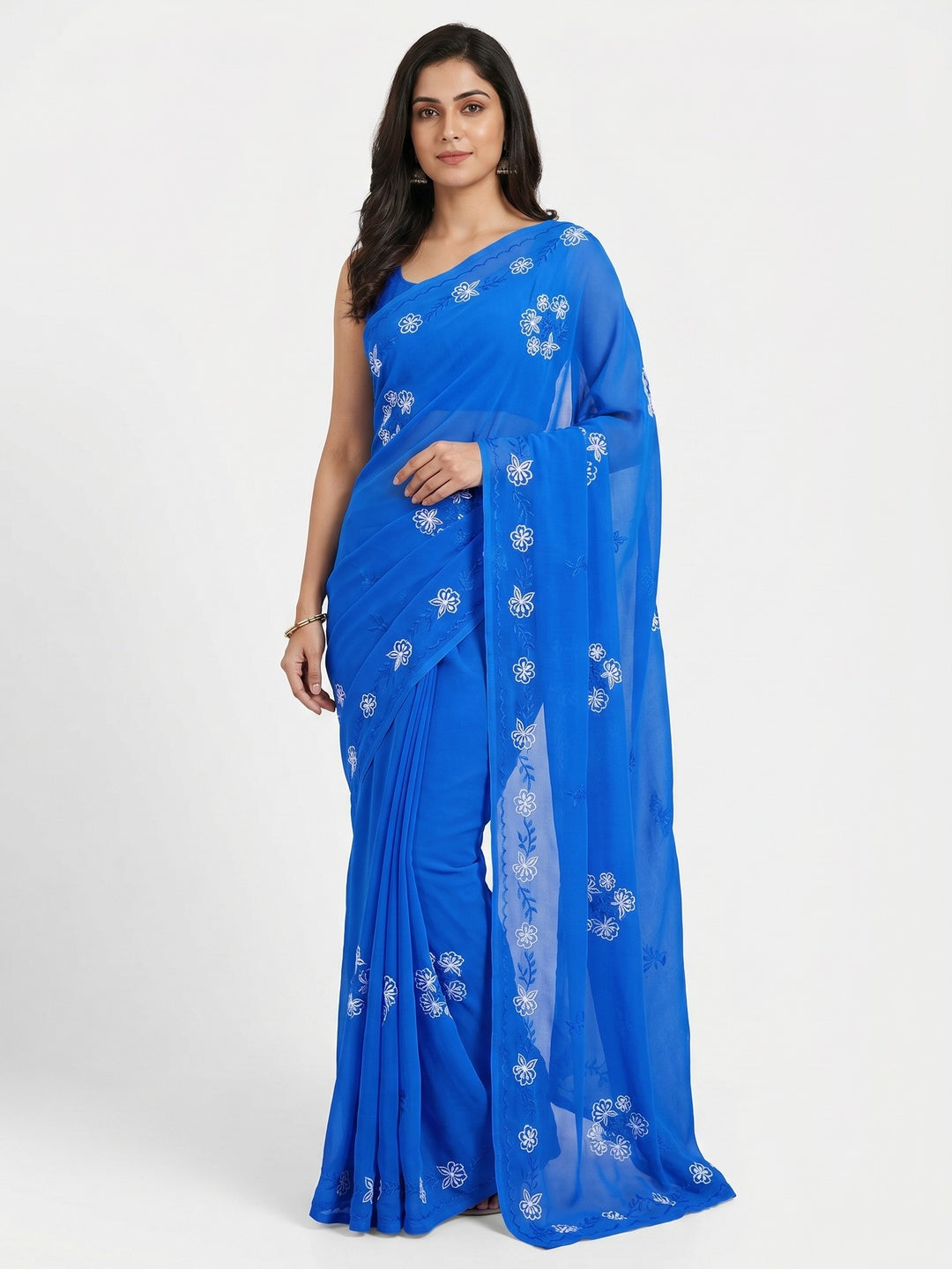 Royal Blue Casual Wear Embroidered Georgette Saree - Image 1