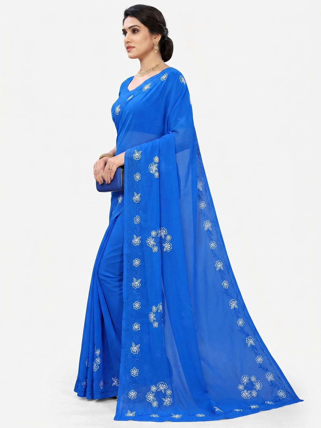 Royal Blue Casual Wear Embroidered Georgette Saree - Image 2