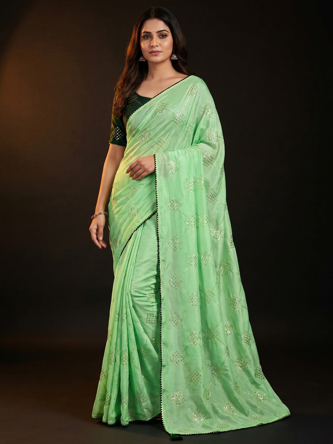 Green Festive Wear Sequins Work Chiffon Saree - Image 1