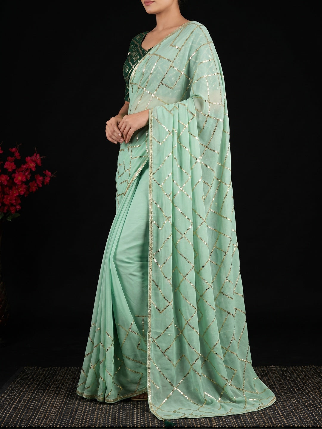 Green Festive Wear Sequins Work Chiffon Saree - Image 3