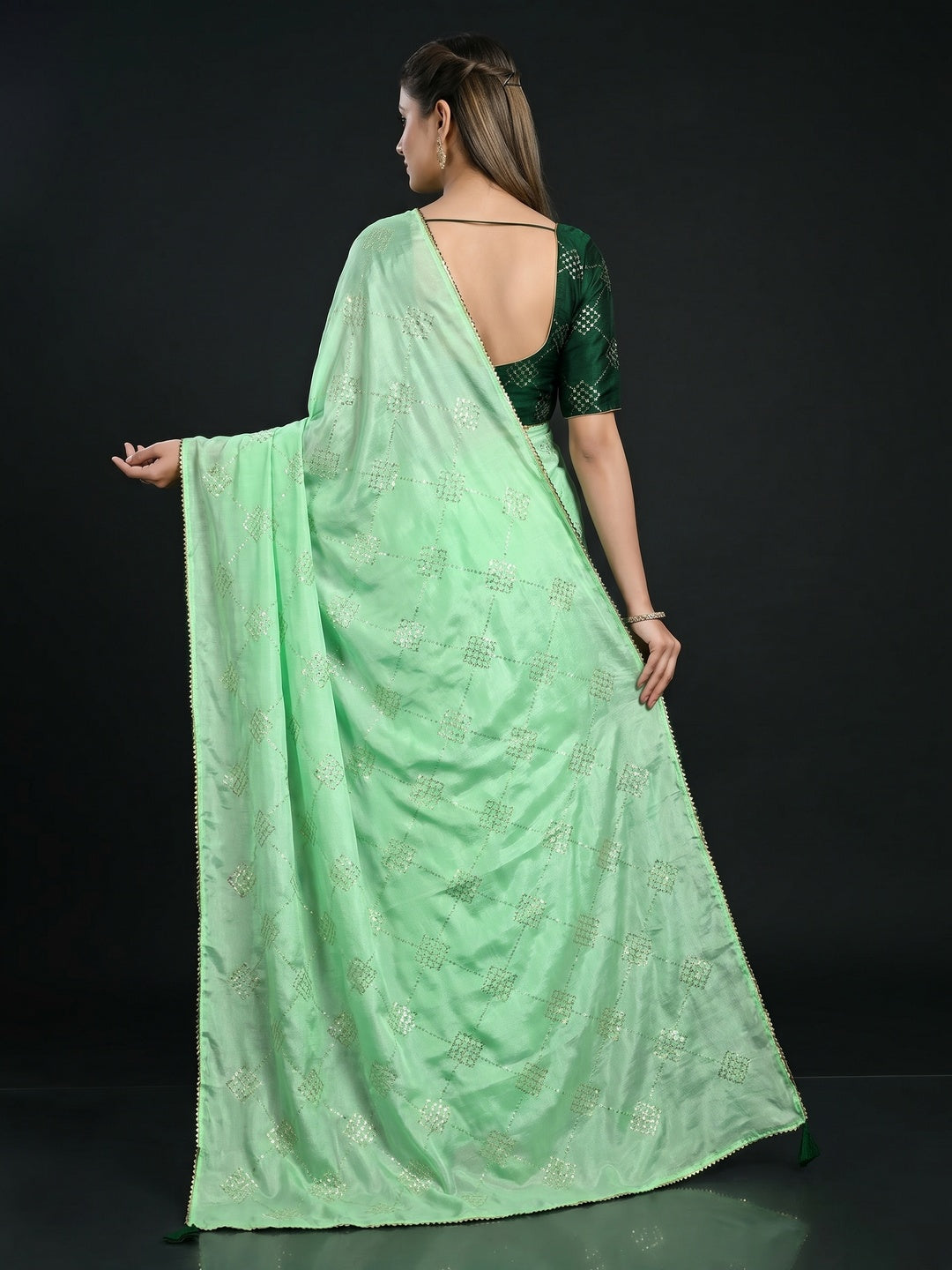 Green Festive Wear Sequins Work Chiffon Saree - Image 2