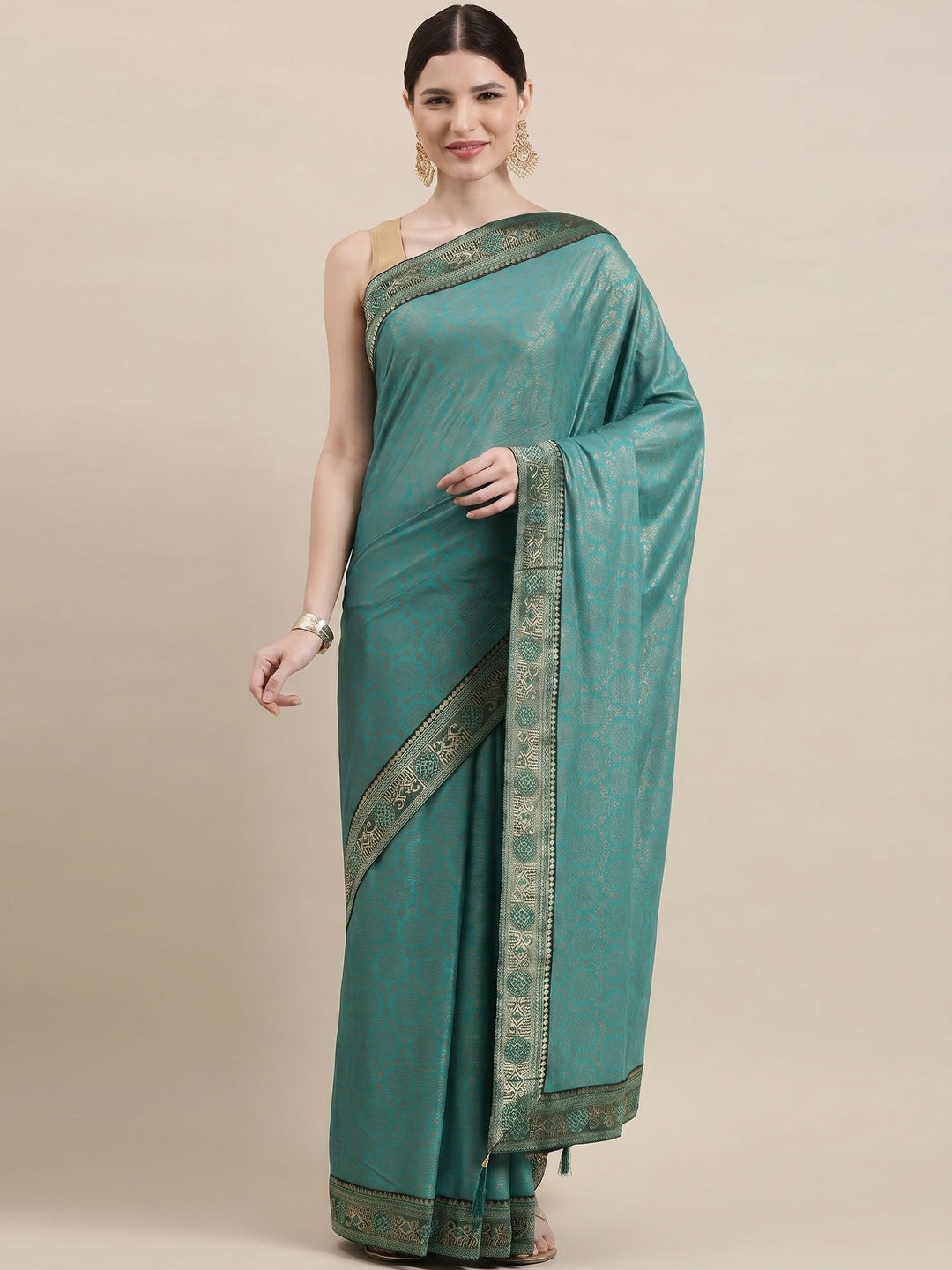 Elegant Turquoise Art Silk Saree with Traditional Zari Border - Image 1