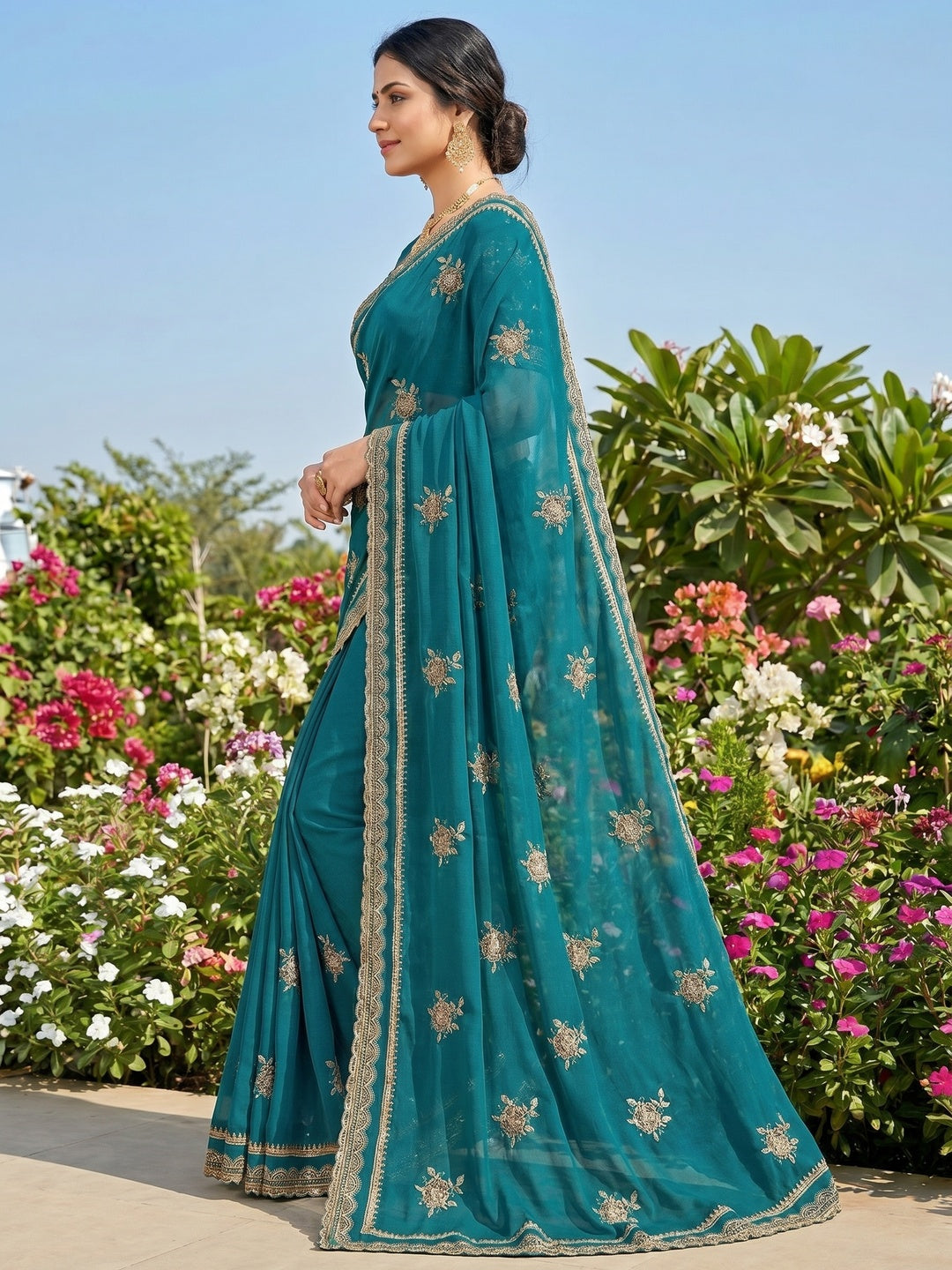 Teal Georgette Saree with Stone Work and Embroidered Floral Design - Image 2