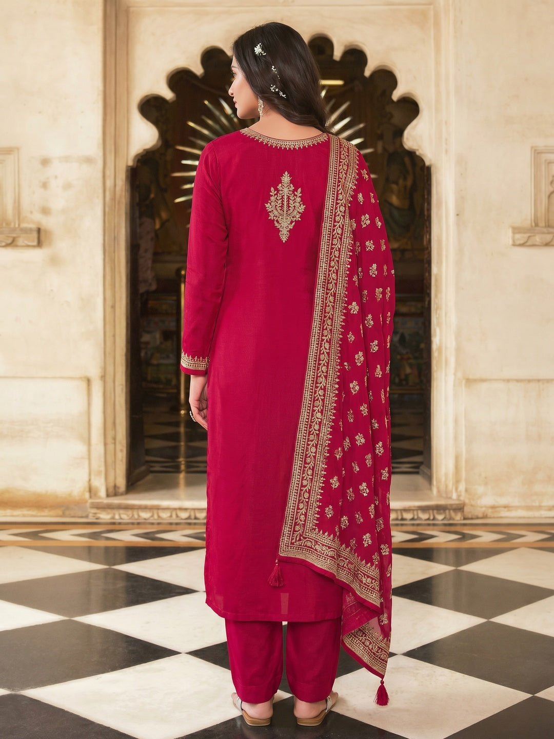 Red Embroidered With Swarovski Work Dola Silk Salwar Suit - Image 2