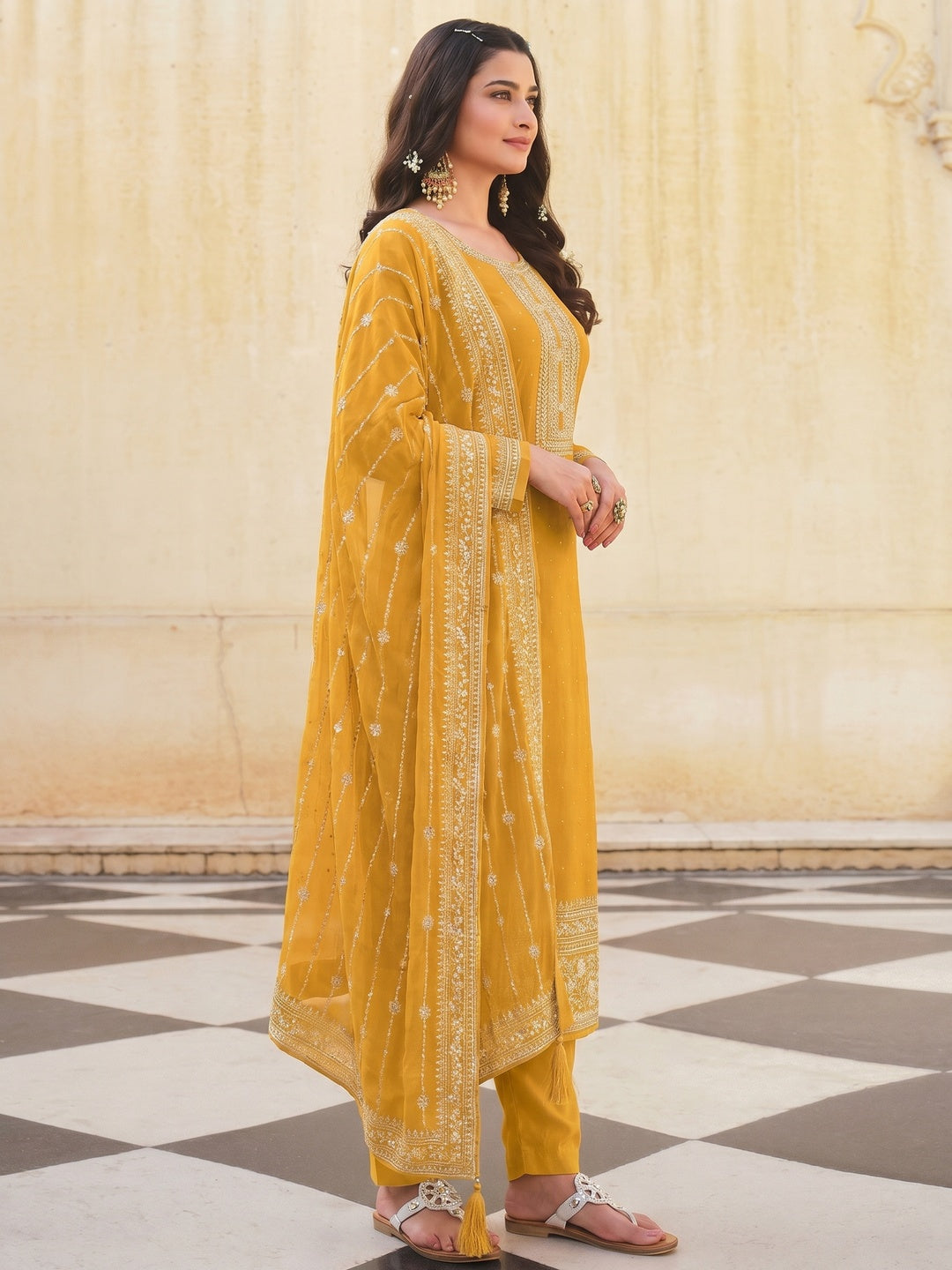 Yellow Embroidered With Swarovski Work Dola Silk Salwar Suit - Image 1