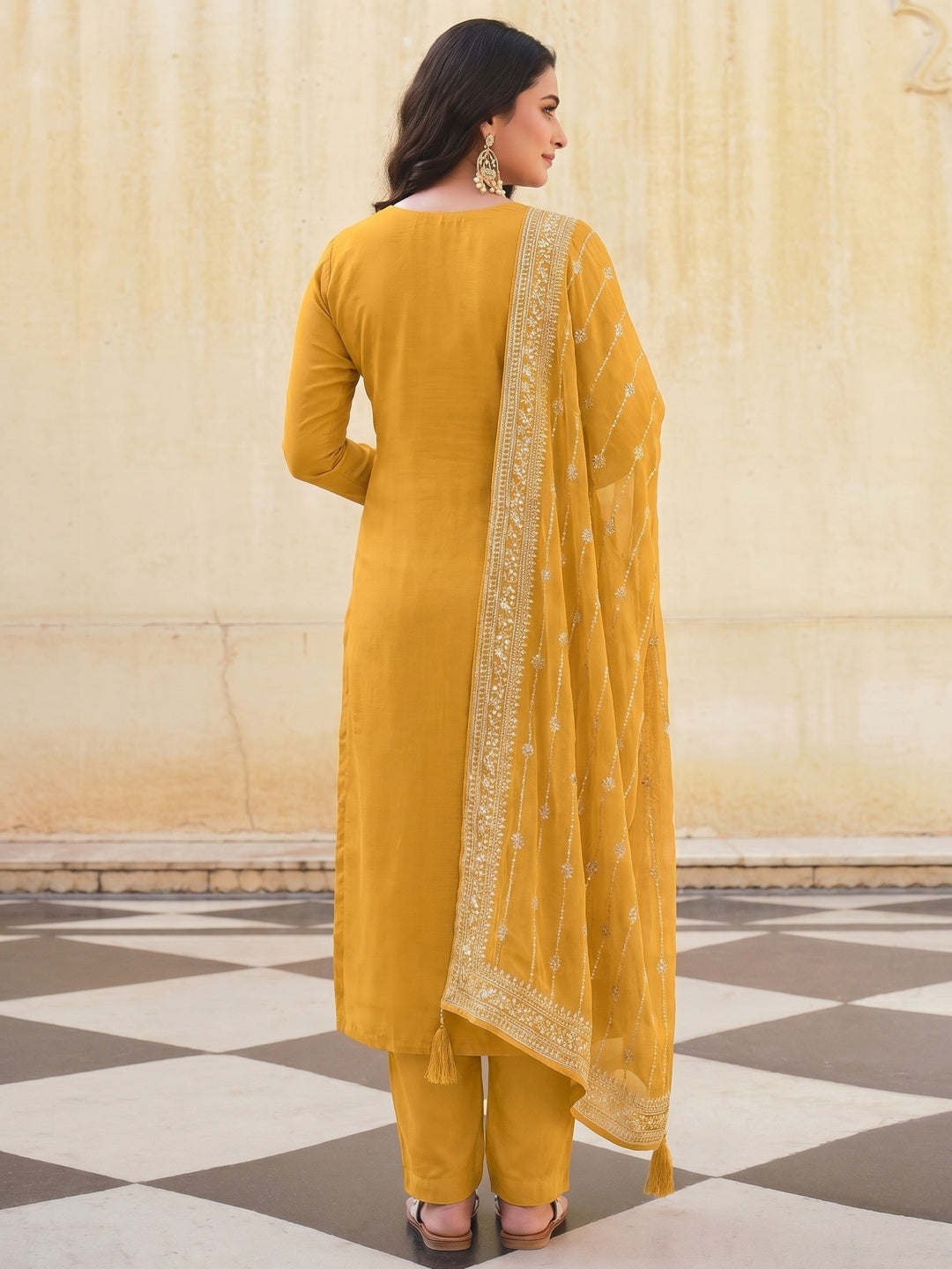 Yellow Embroidered With Swarovski Work Dola Silk Salwar Suit - Image 2