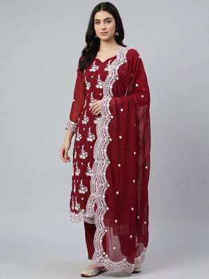 Maroon Floral Embroidered Georgette Dress Material - Image 1