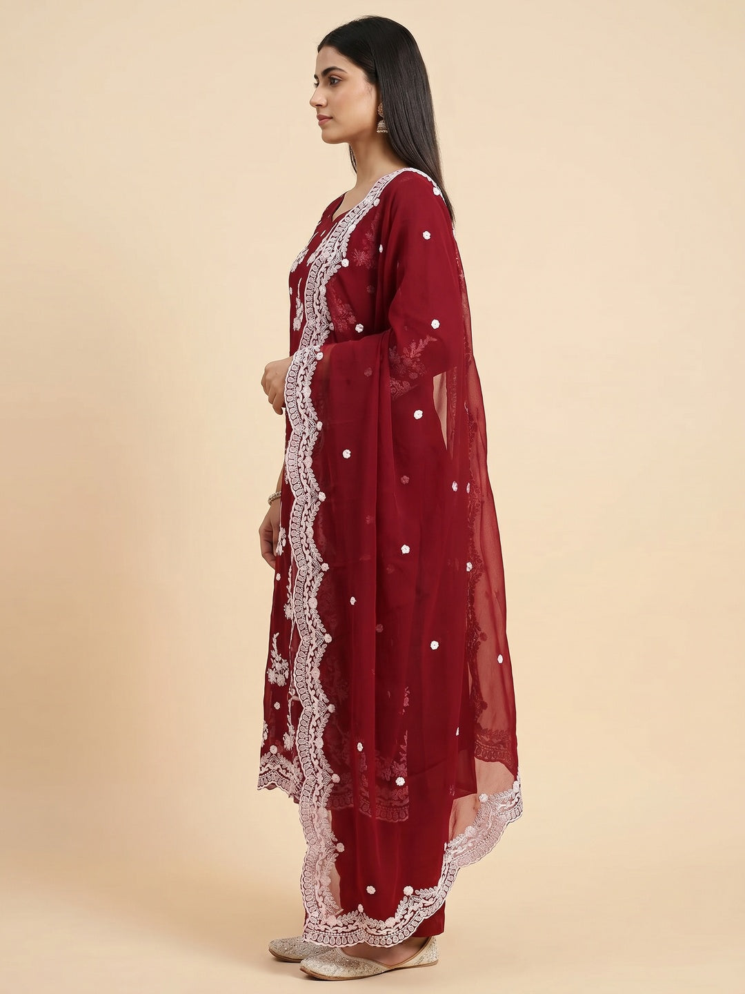 Maroon Floral Embroidered Georgette Dress Material - Image 2