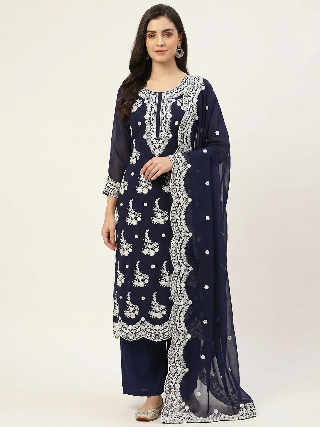 Blue Embroidered Georgette Dress Material - Image 2