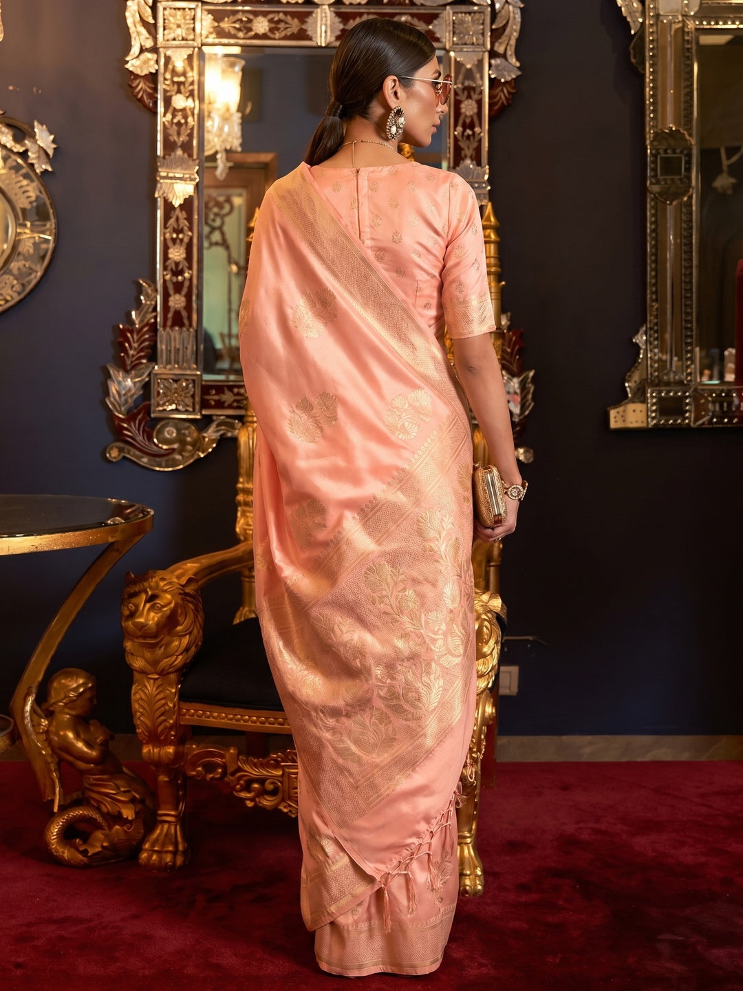 Peach Partywear Woven Satin Saree - Image 1