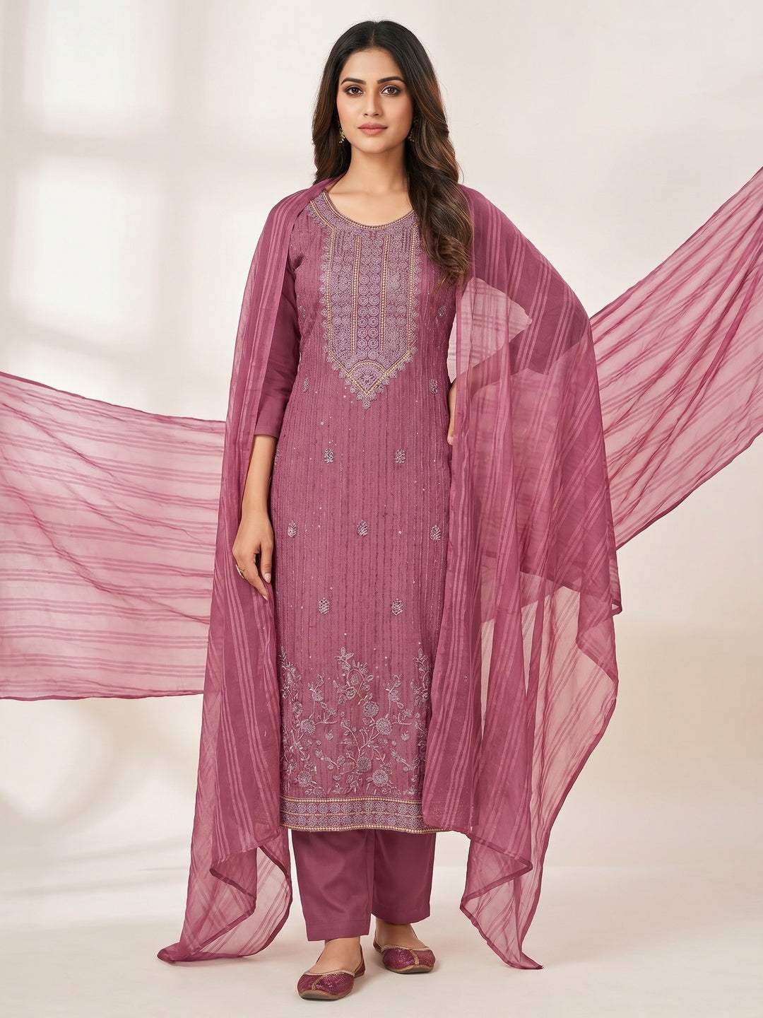 Magenta Pink Embroidered Cotton Blend Dress Material - Image 1
