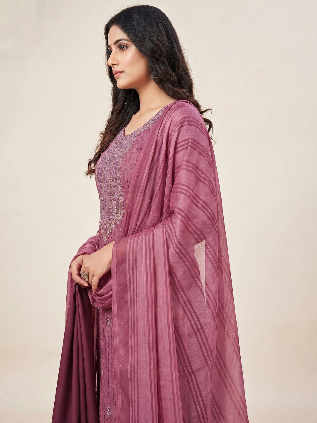Magenta Pink Embroidered Cotton Blend Dress Material - Image 2