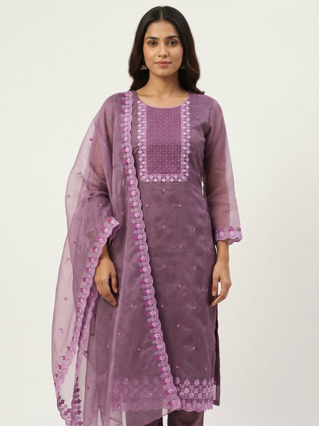 Purple Embroidered Organza Dress Material - Image 1