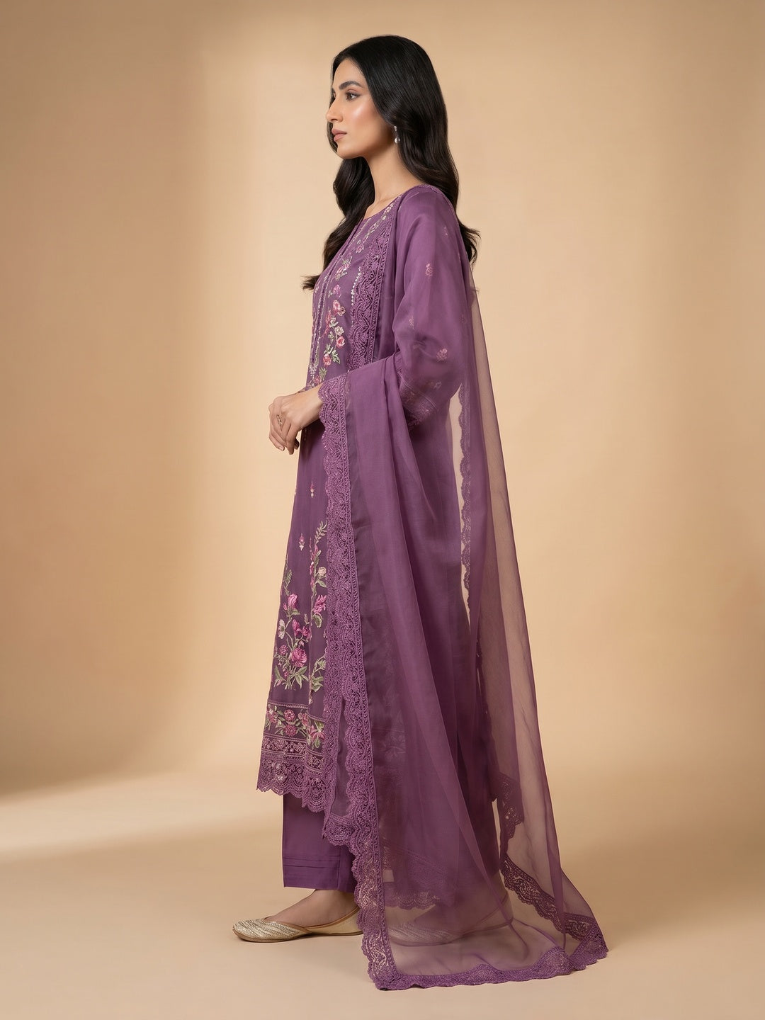 Purple Embroidered Organza Dress Material - Image 2