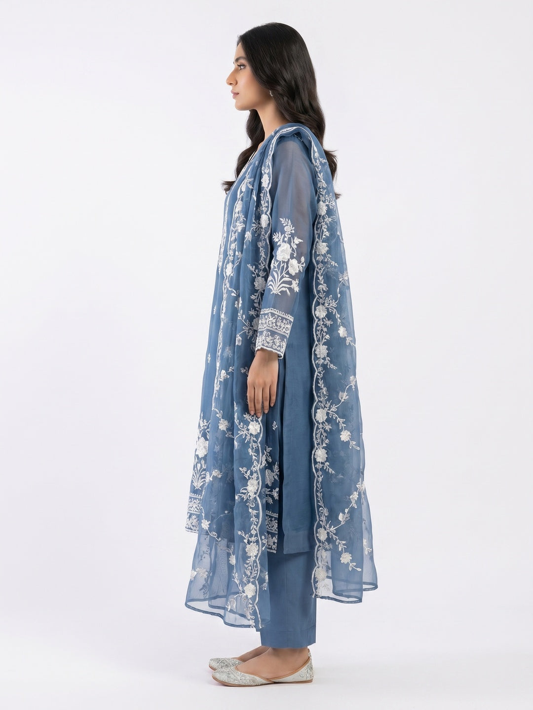 Blue Floral Embroidered Organza Dress Material - Image 2