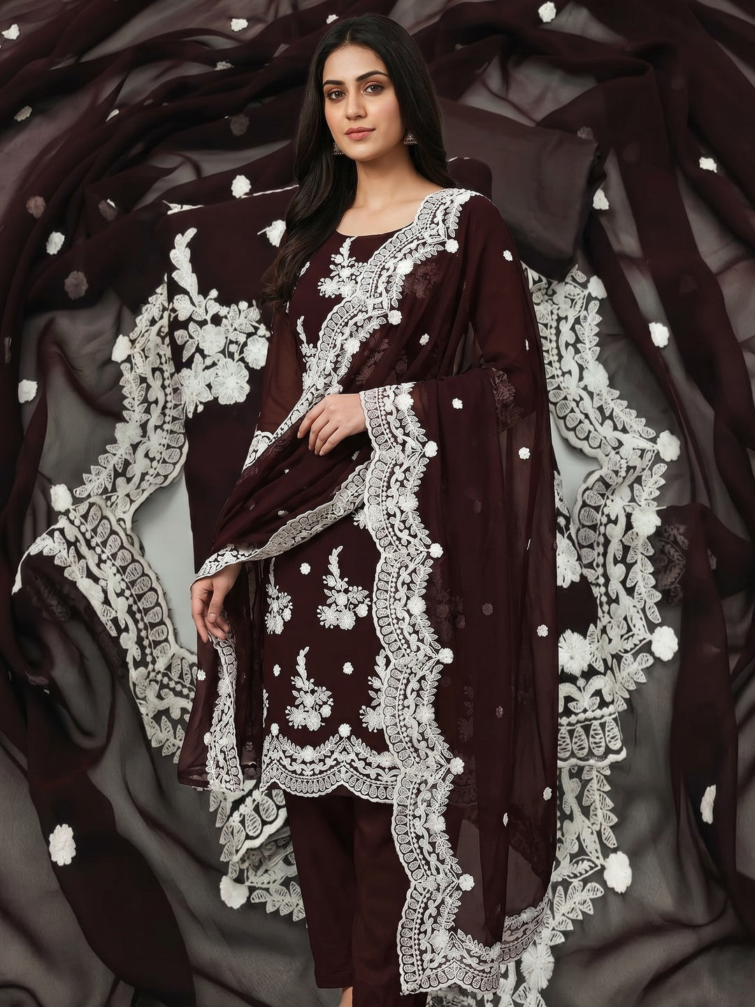 Coffee Brown Embroidered Georgette Dress Material - Image 1