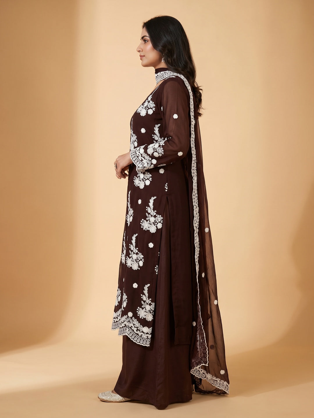 Coffee Brown Embroidered Georgette Dress Material - Image 2