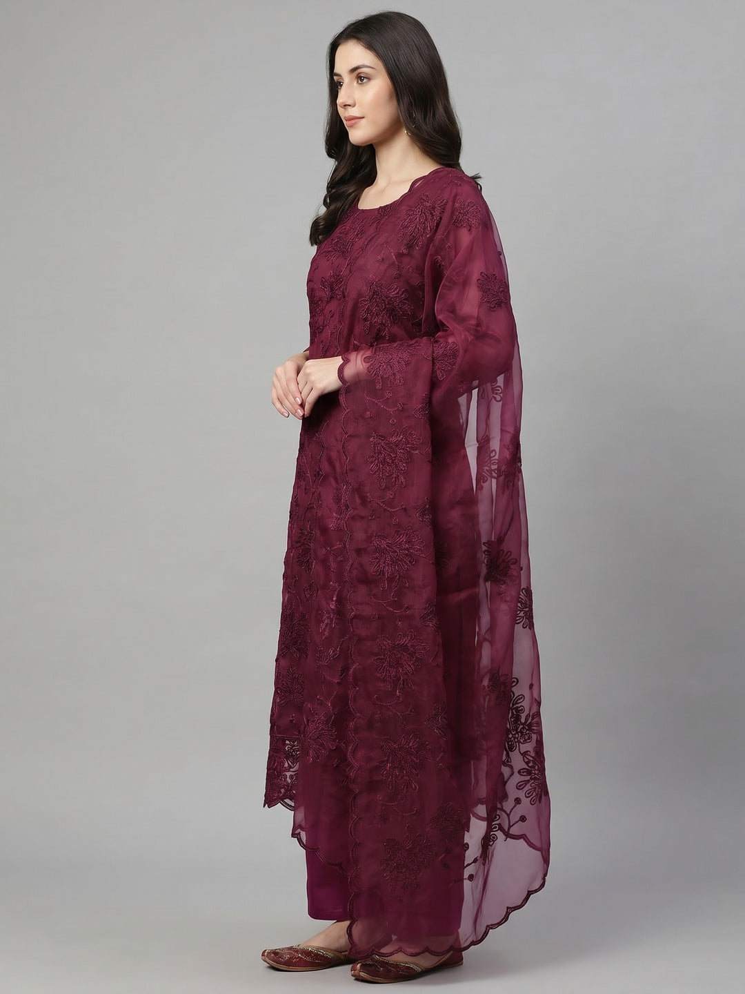 Wine Floral Embroidered Organza Dress Material - Image 2