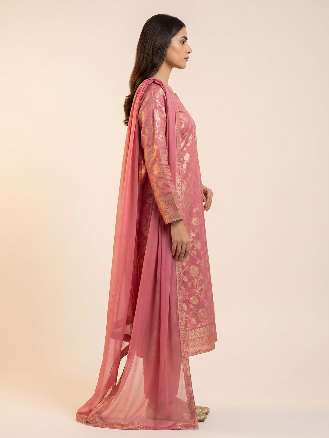 Pink Woven With Embroidered Jacquard Dress Material - Image 3