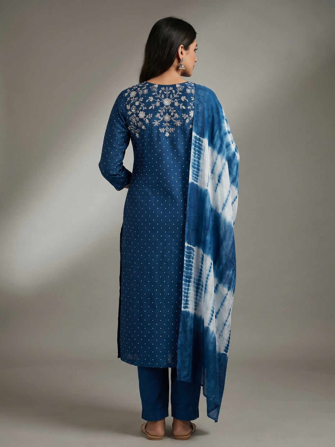 Blue Floral Embroidered Cotton Silk Dress Material - Image 3