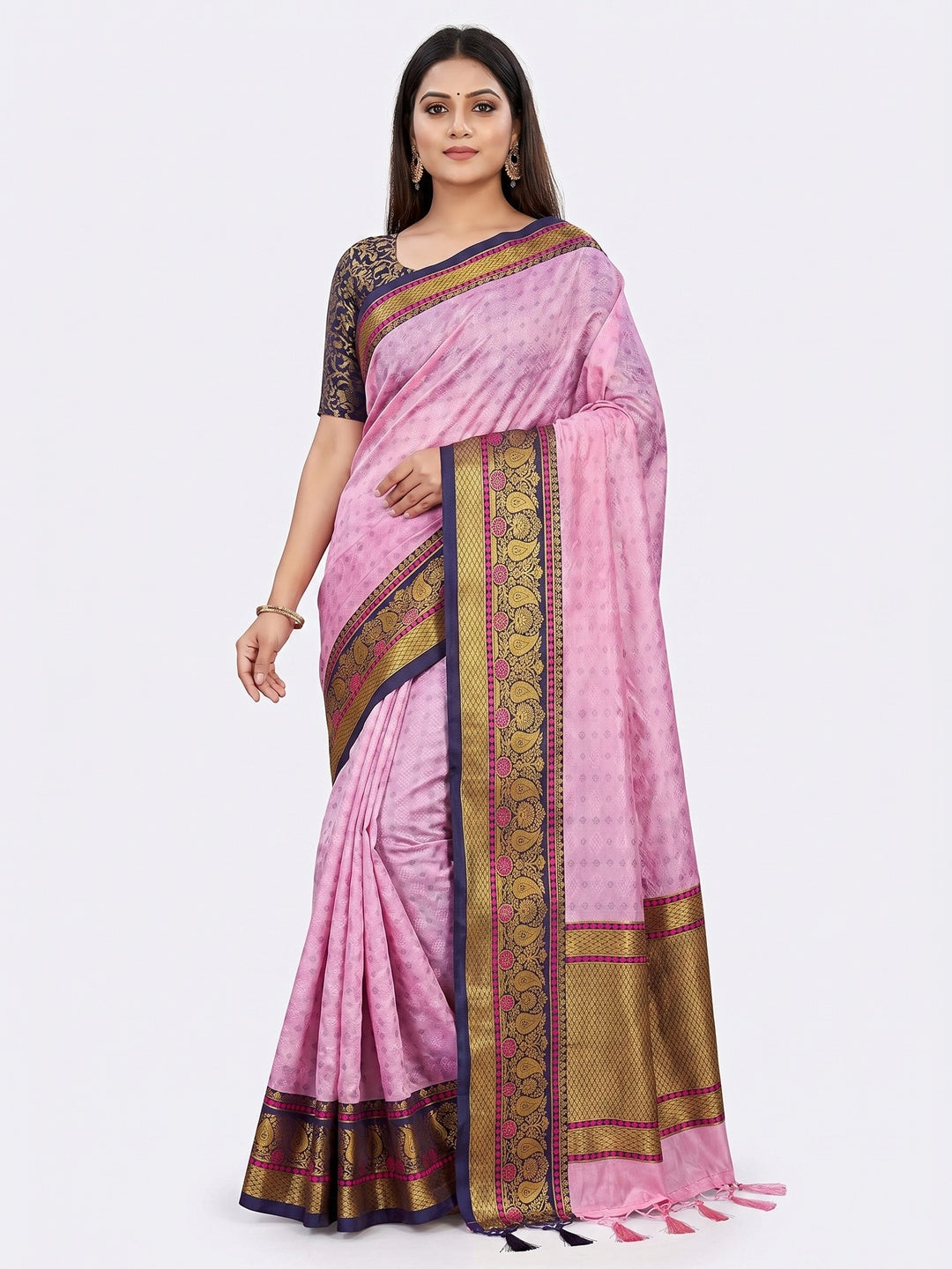 Baby Pink Woven Cotton Silk Saree With Tassels - Image 1