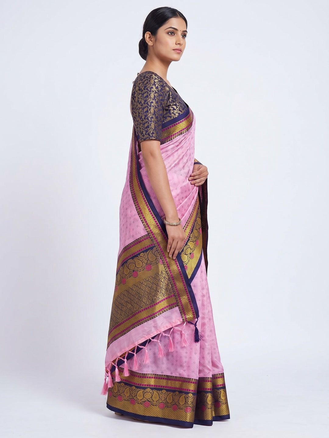 Baby Pink Woven Cotton Silk Saree With Tassels - Image 3