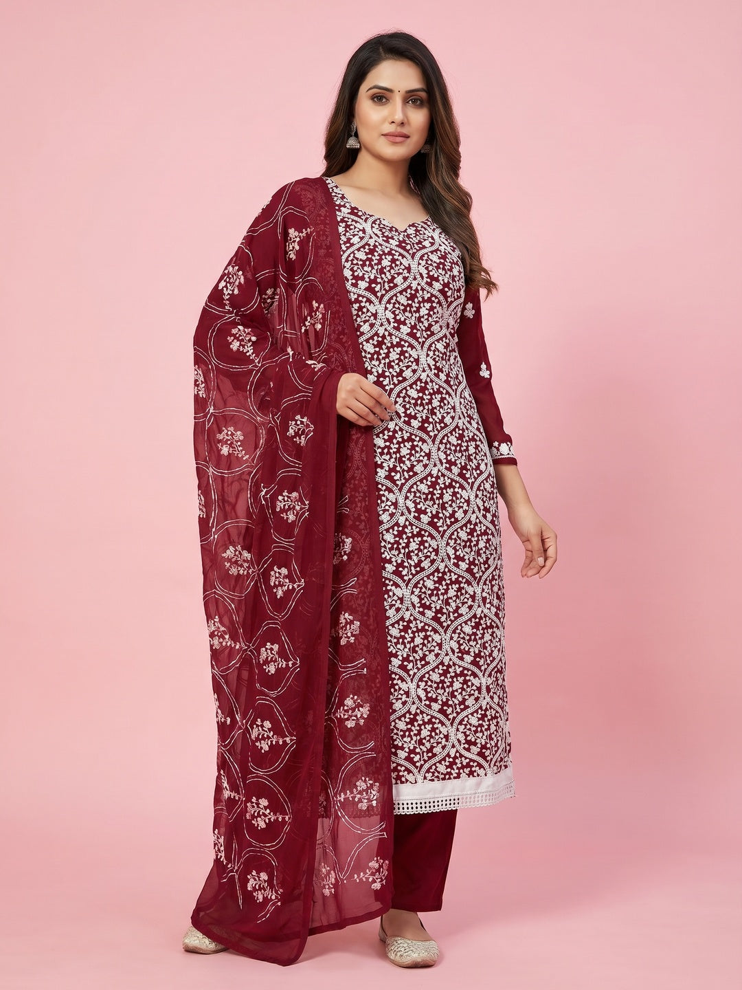 Maroon Floral Embroidered Georgette Dress Material - Image 1