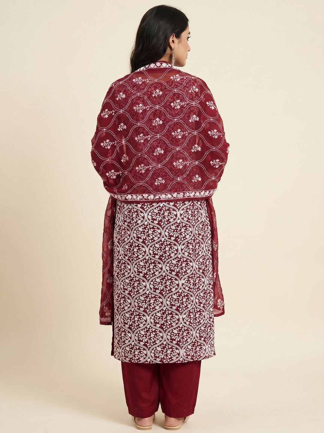 Maroon Floral Embroidered Georgette Dress Material - Image 3