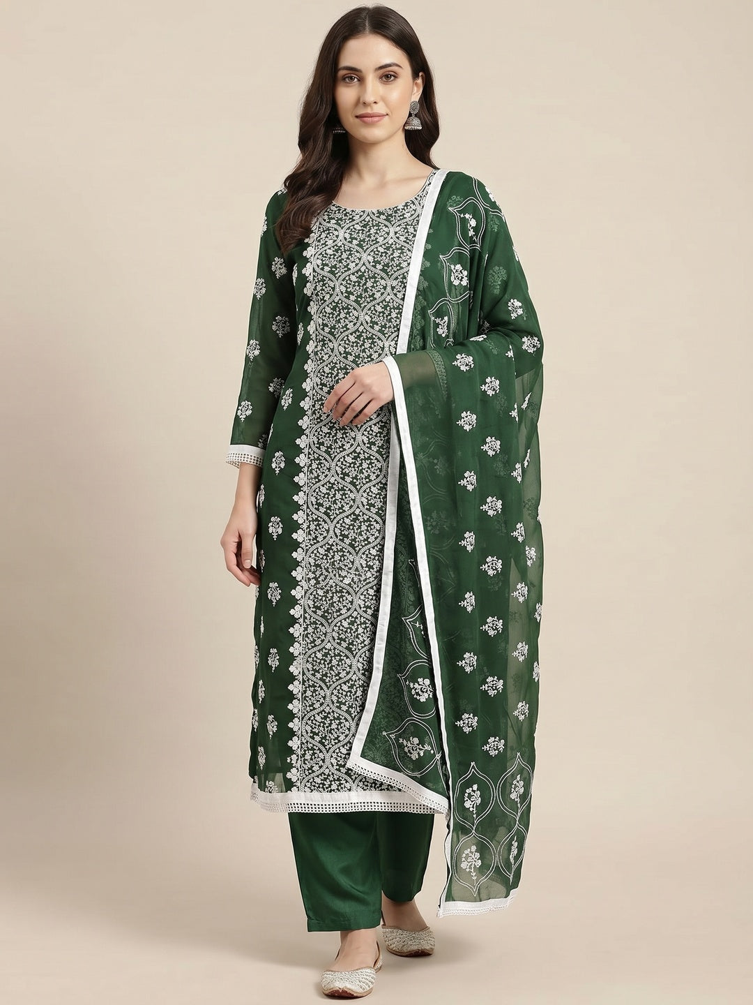 Green Floral Embroidered Georgette Dress Material - Image 1