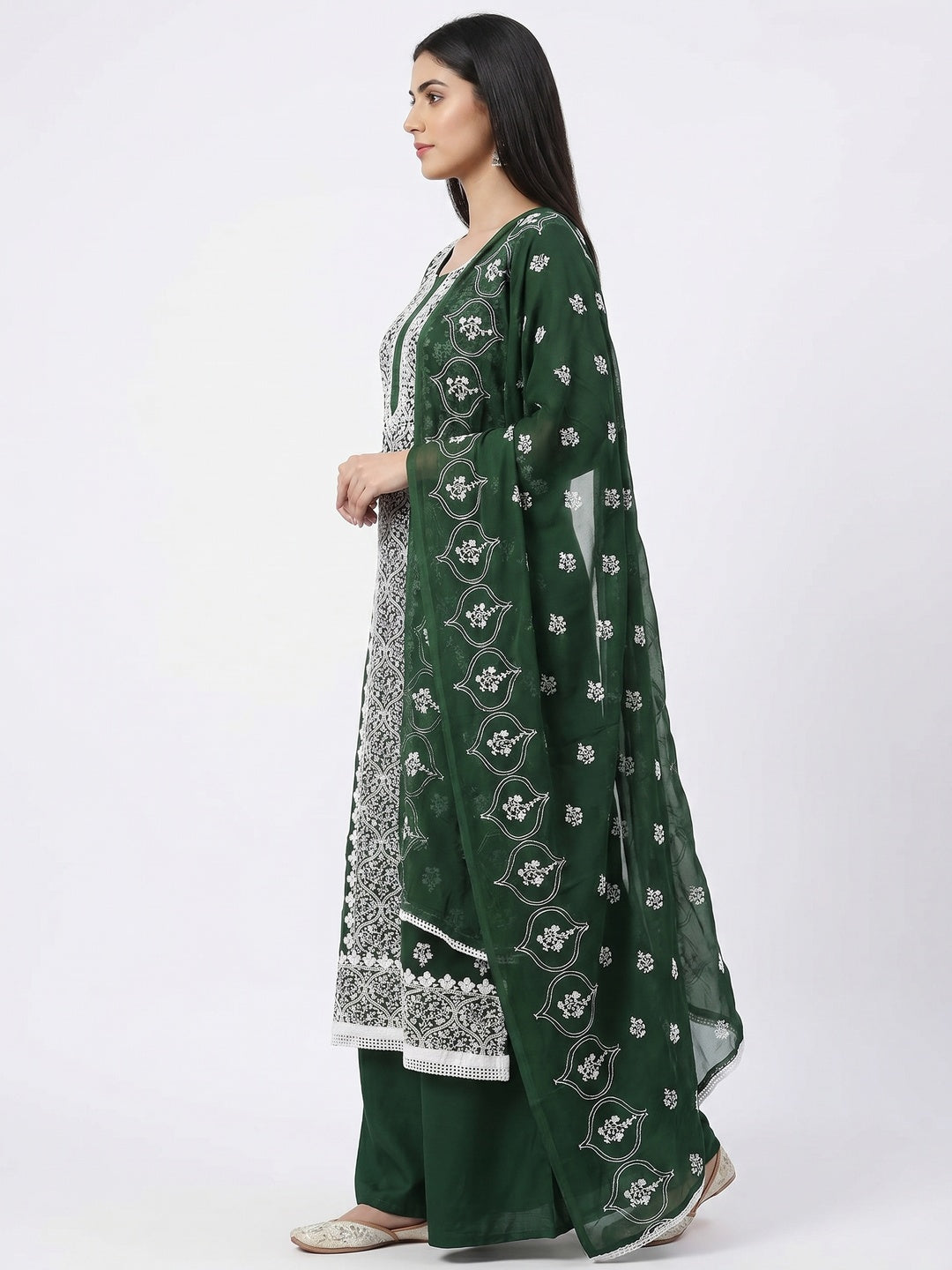 Green Floral Embroidered Georgette Dress Material - Image 2