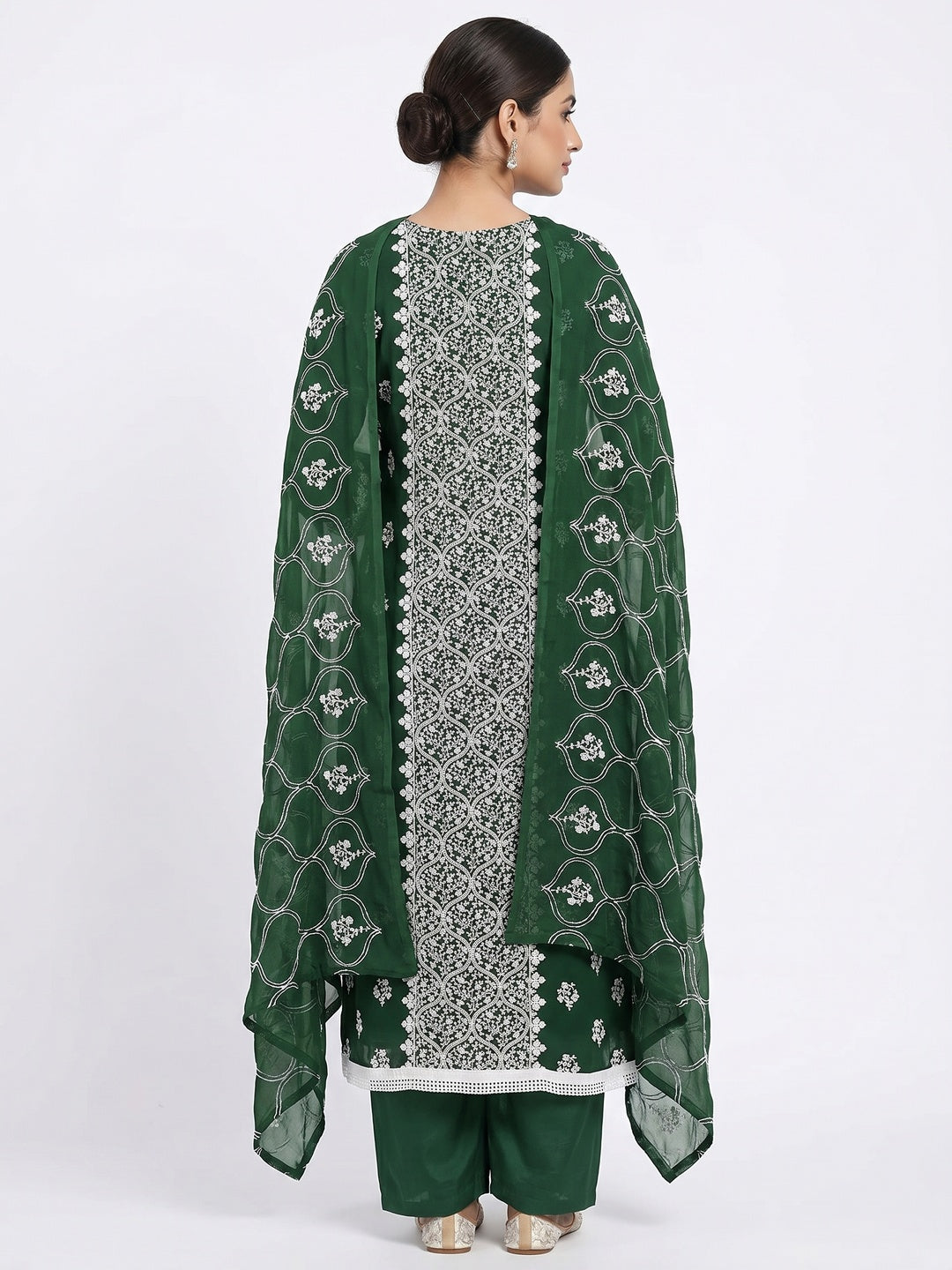 Green Floral Embroidered Georgette Dress Material - Image 3