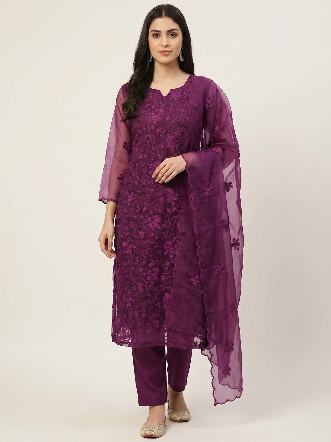Purple Floral Embroidered Organza Dress Material - Image 1