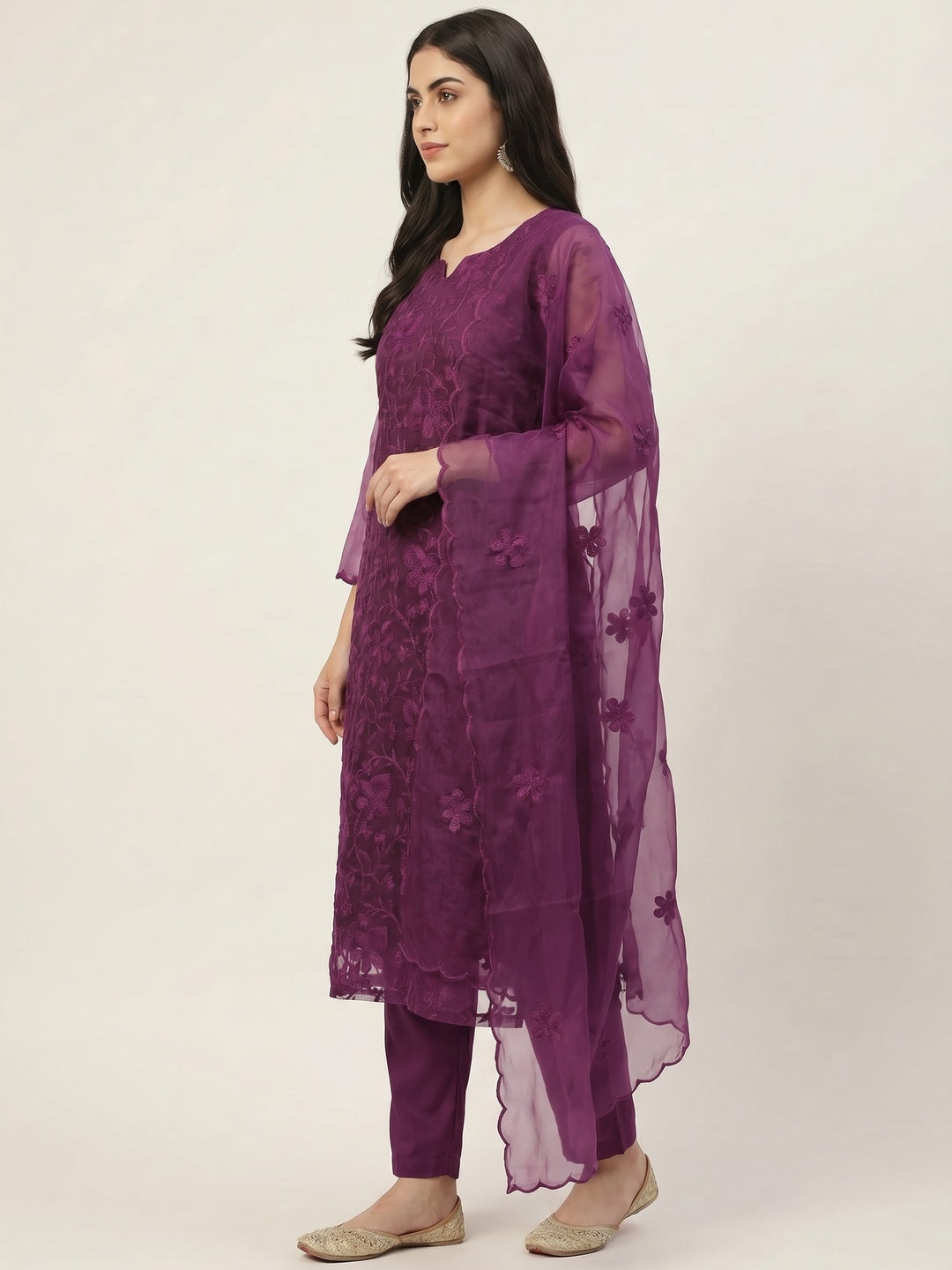Purple Floral Embroidered Organza Dress Material - Image 2