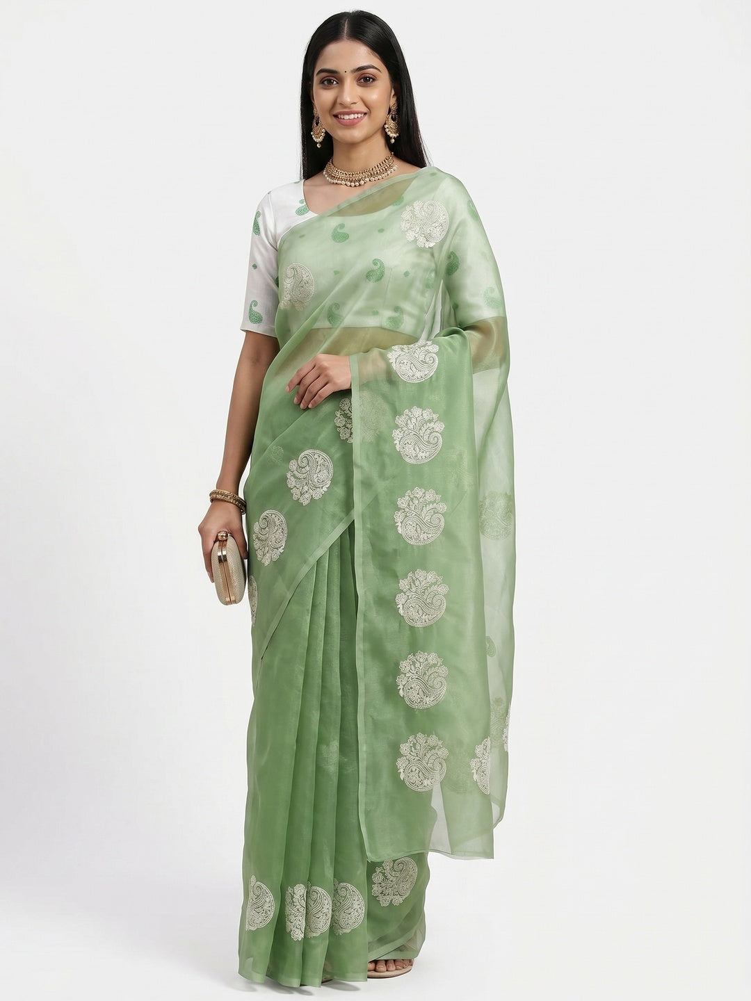 Green Embroidered Organza Saree - Image 3