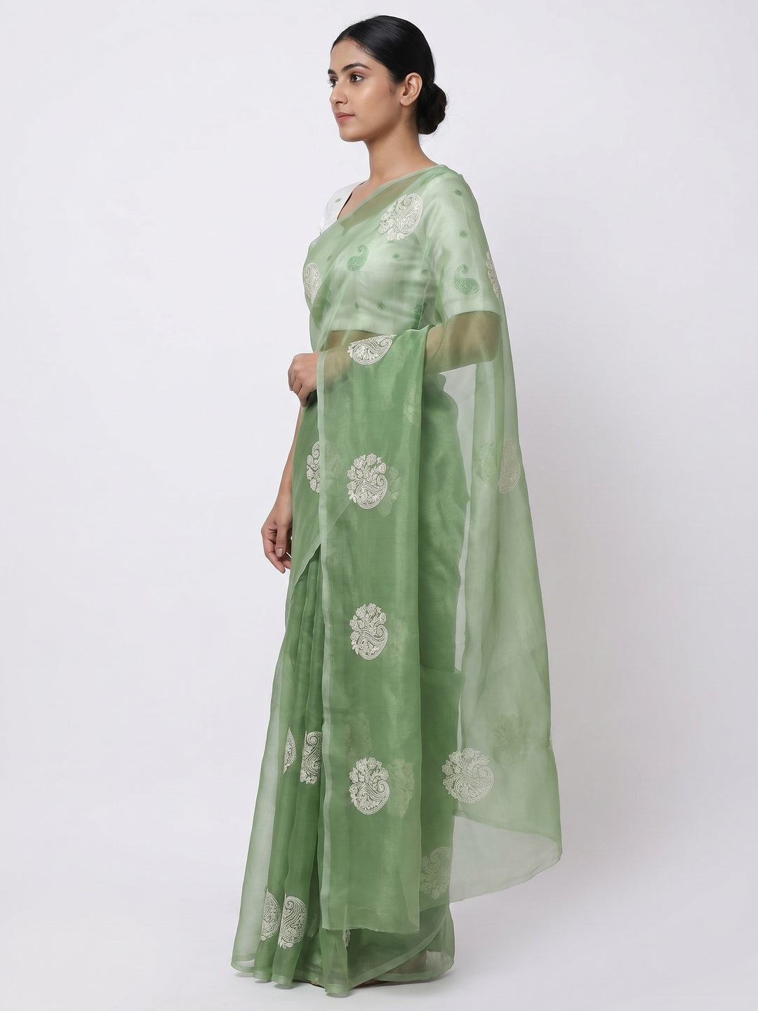 Green Embroidered Organza Saree - Image 1