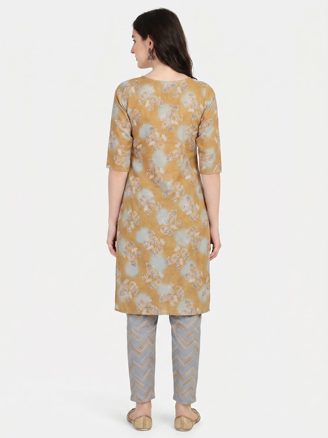 Mustard Floral Printed With Embroidered Cotton Blend Kurti Pant Set - Image 1