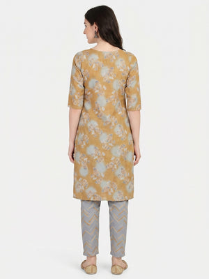 Mustard Floral Printed With Embroidered Cotton Blend Kurti Pant Set - Image 1