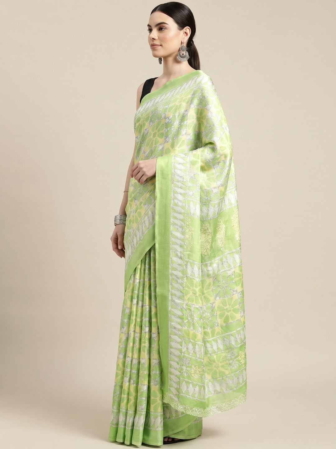 Green Geometric Printed Cotton Silk Saree - Image 1