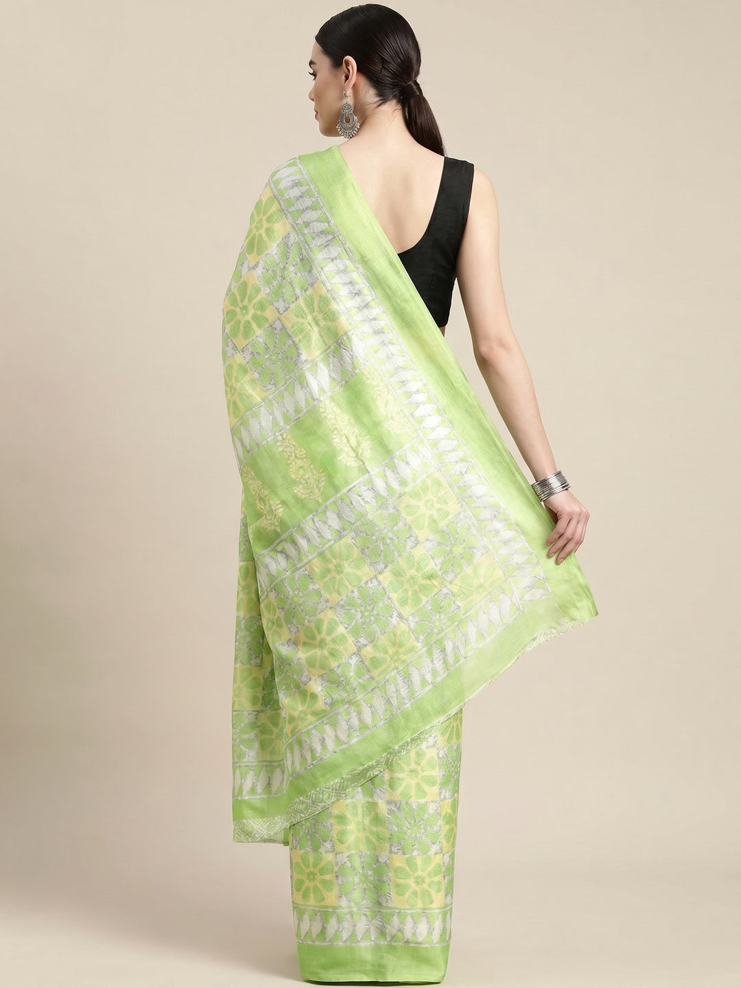 Green Geometric Printed Cotton Silk Saree - Image 2