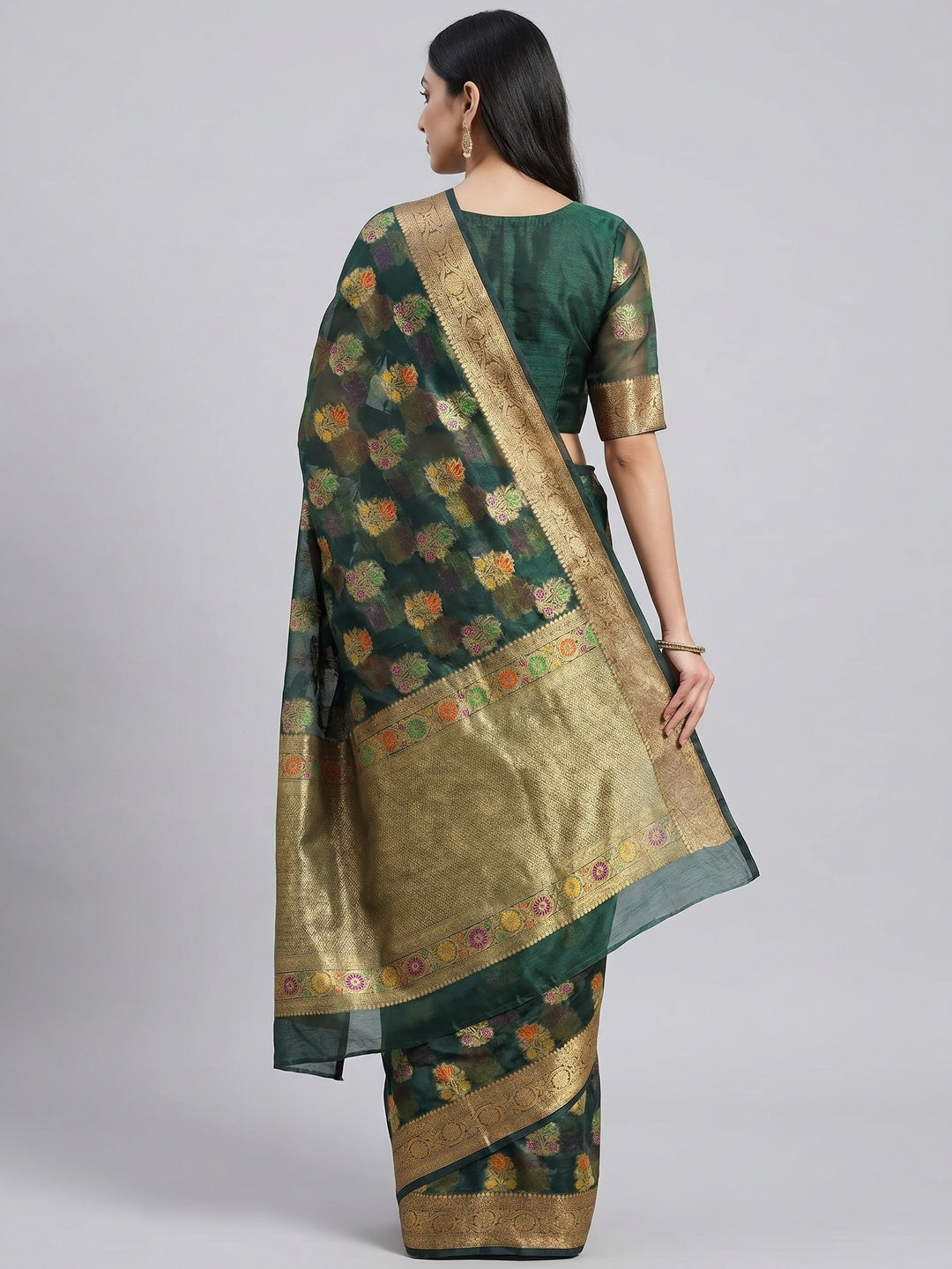 Bottle Green Woven Organza Saree - Image 3