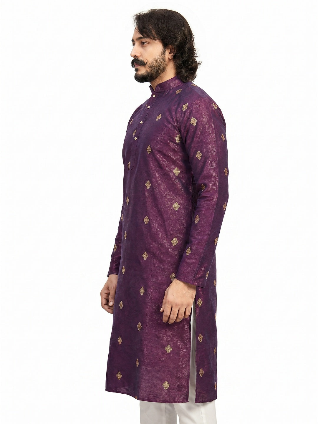 Purple Embroidered Art Silk Men's Kurta Pyjama Set - Image 2