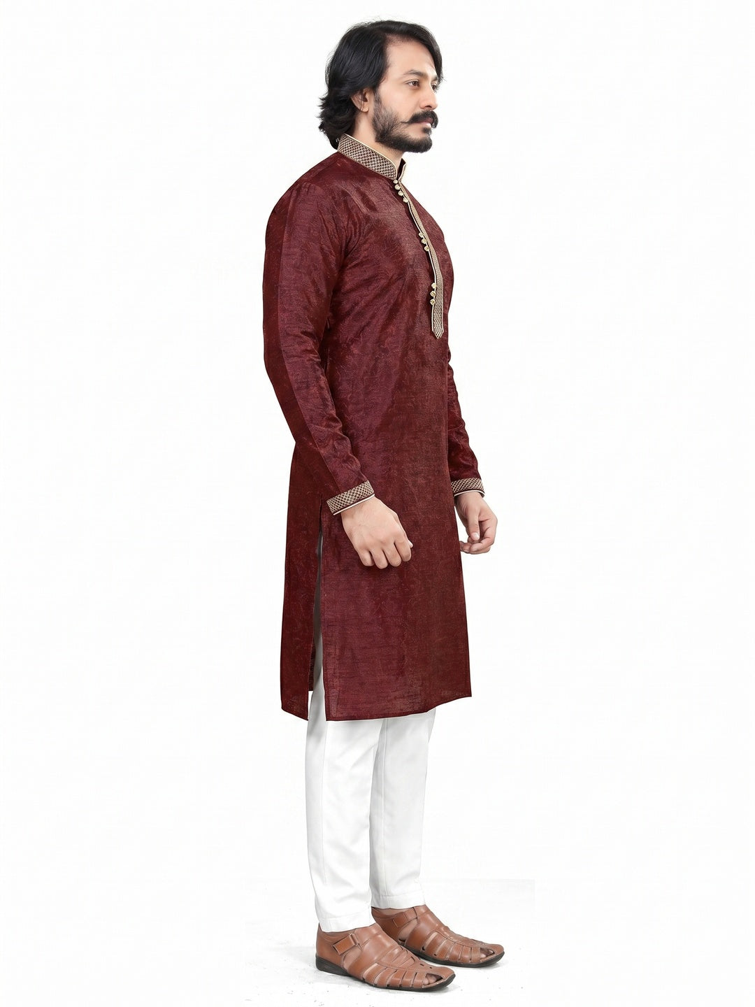 Maroon Woven Jacquard Men's Kurta Pyjama Set - Image 2