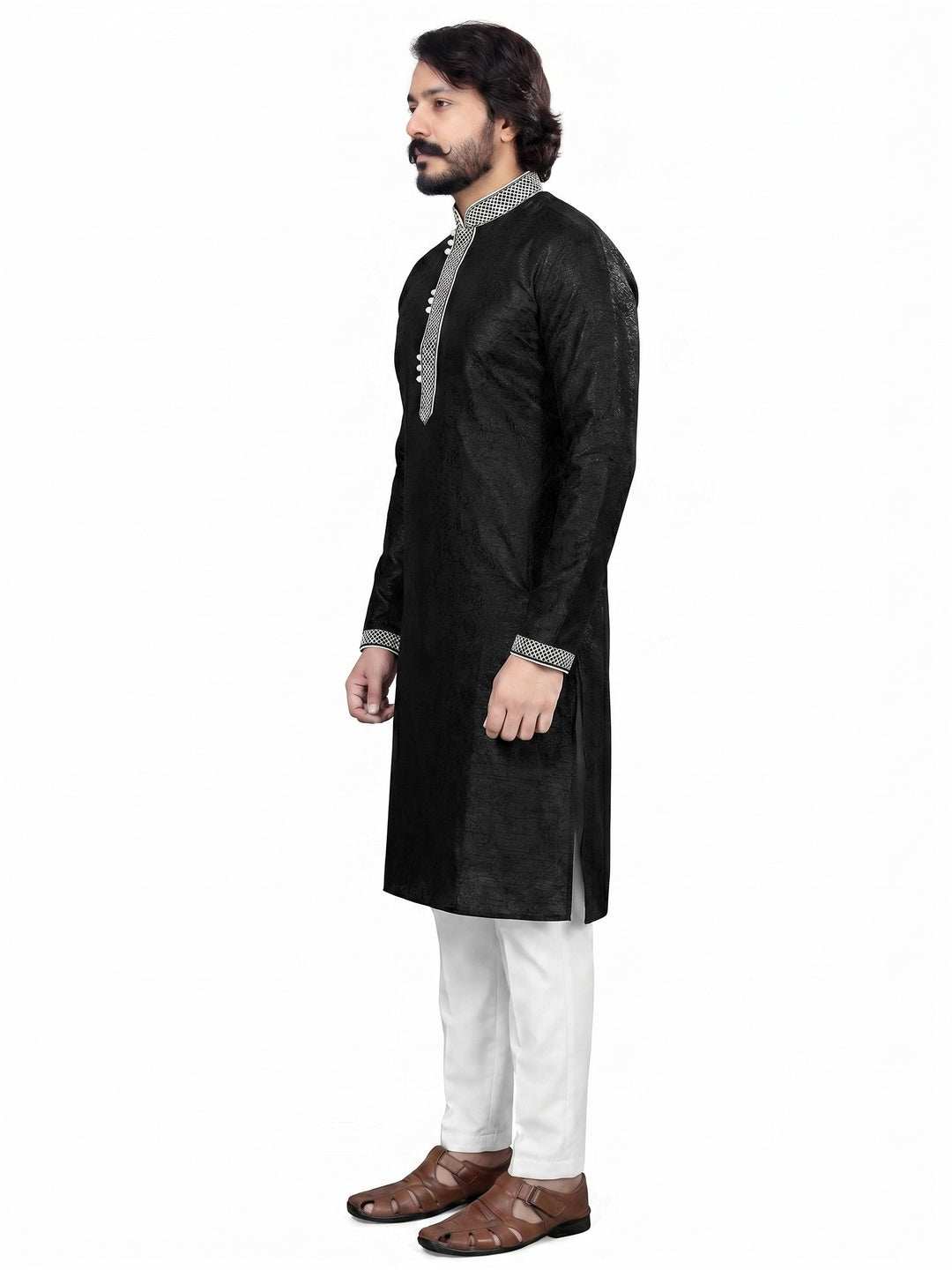 Black Woven Jacquard Men's Kurta Pyjama Set - Image 3