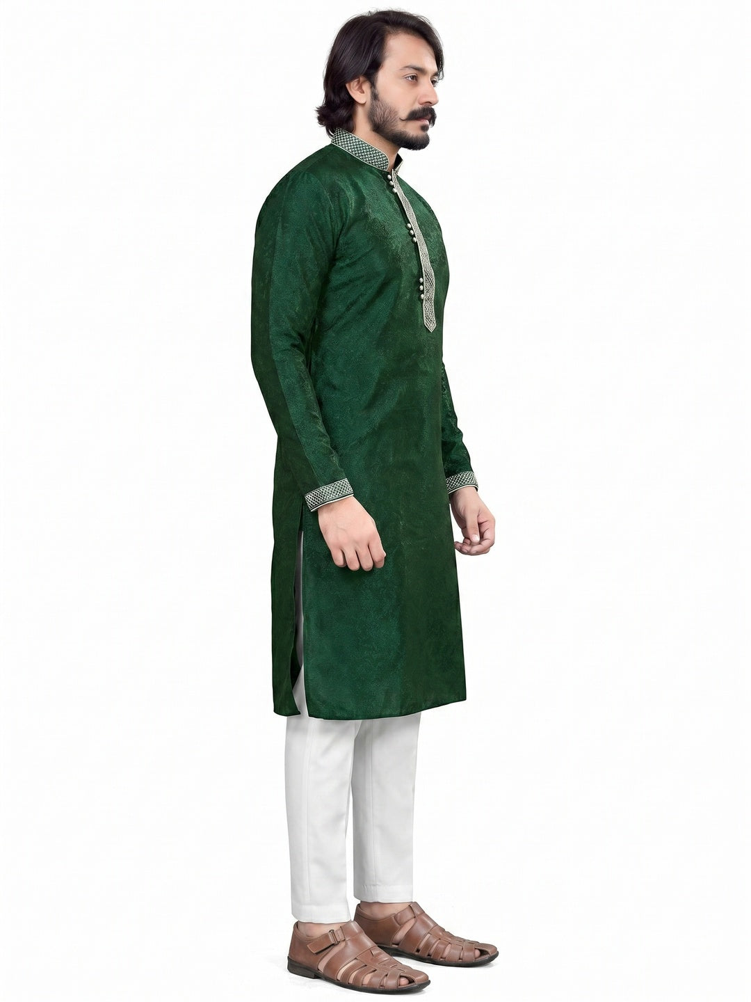 Green Woven Jacquard Men's Kurta Pyjama Set - Image 3