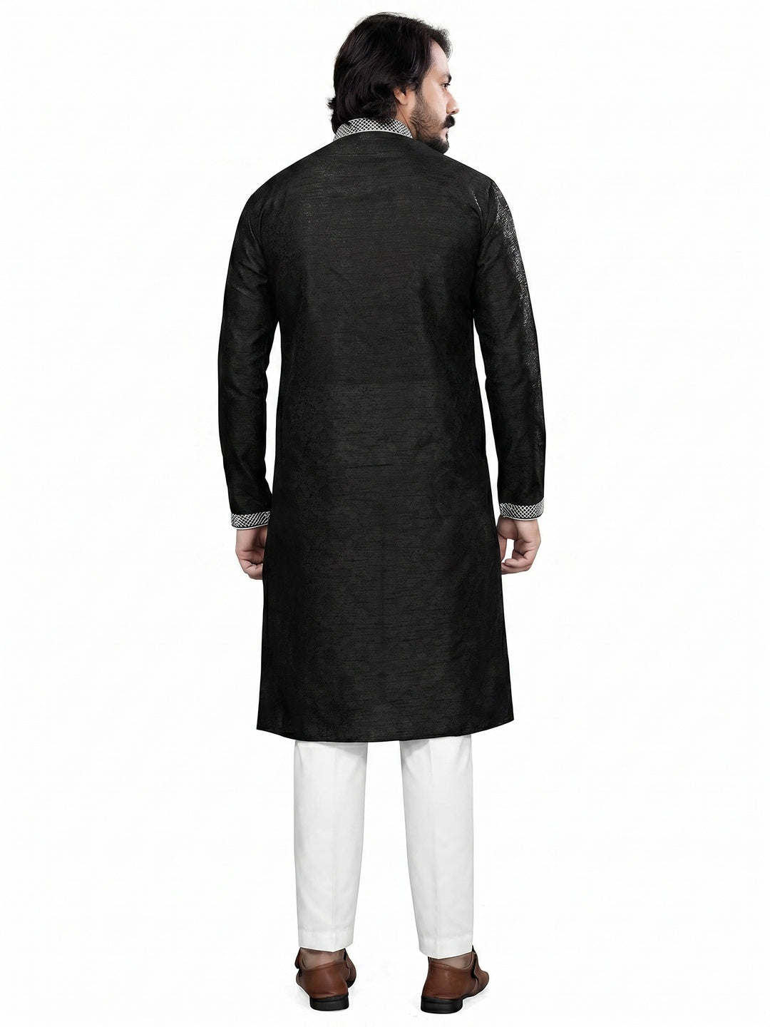 Black Woven Jacquard Men's Kurta Pyjama Set - Image 2