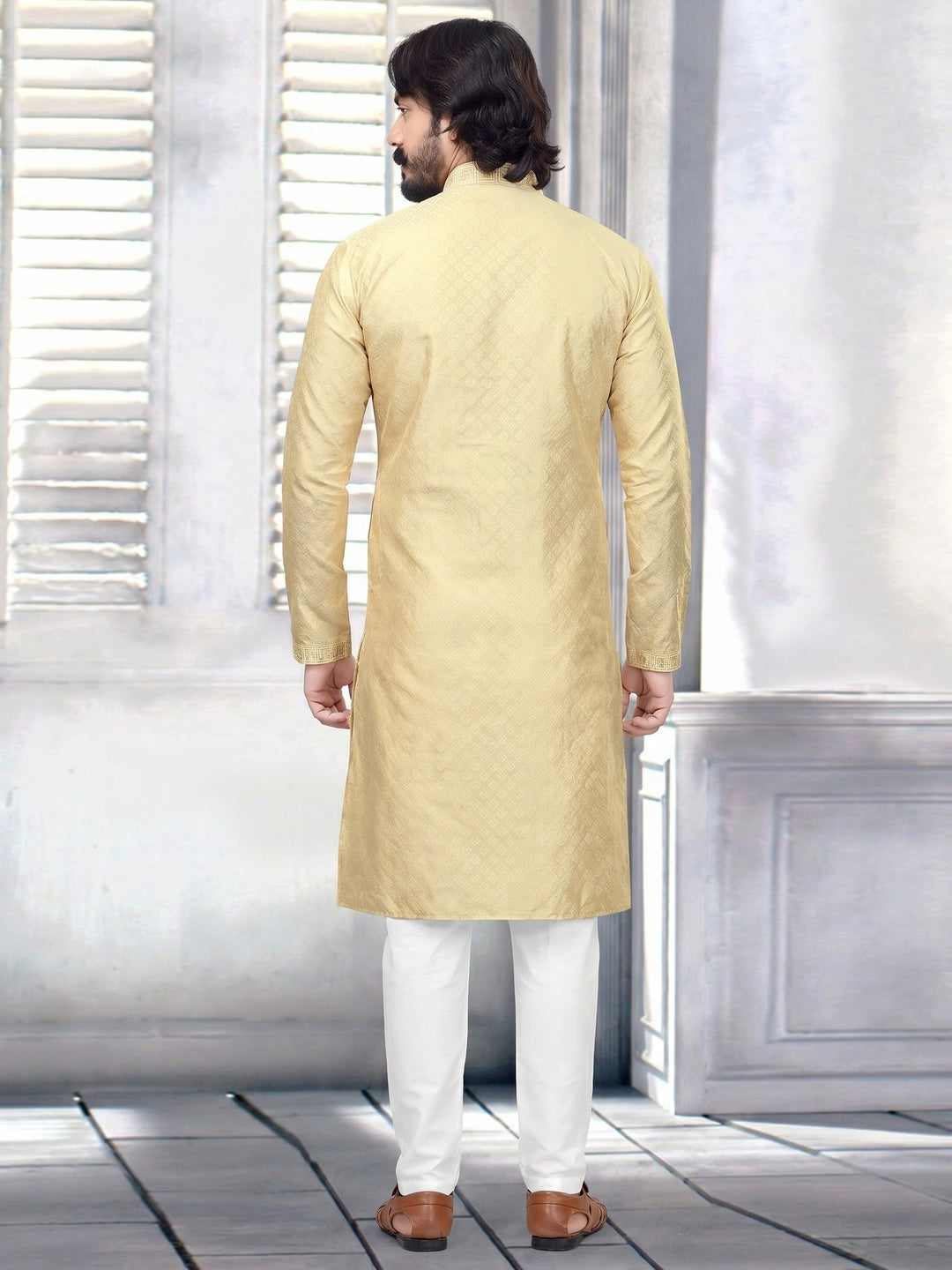 Beige Embroidered Art Silk Mens's Kurta Pyjama Set - Image 1